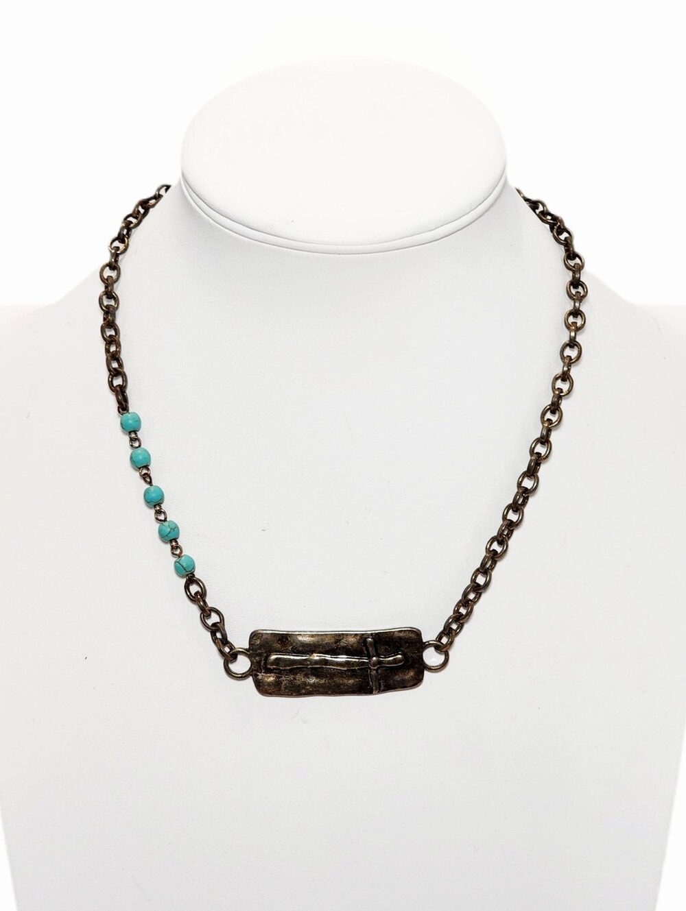 CROSS Faux Turquoise Beads Antiqued Goldtone Chain Necklace